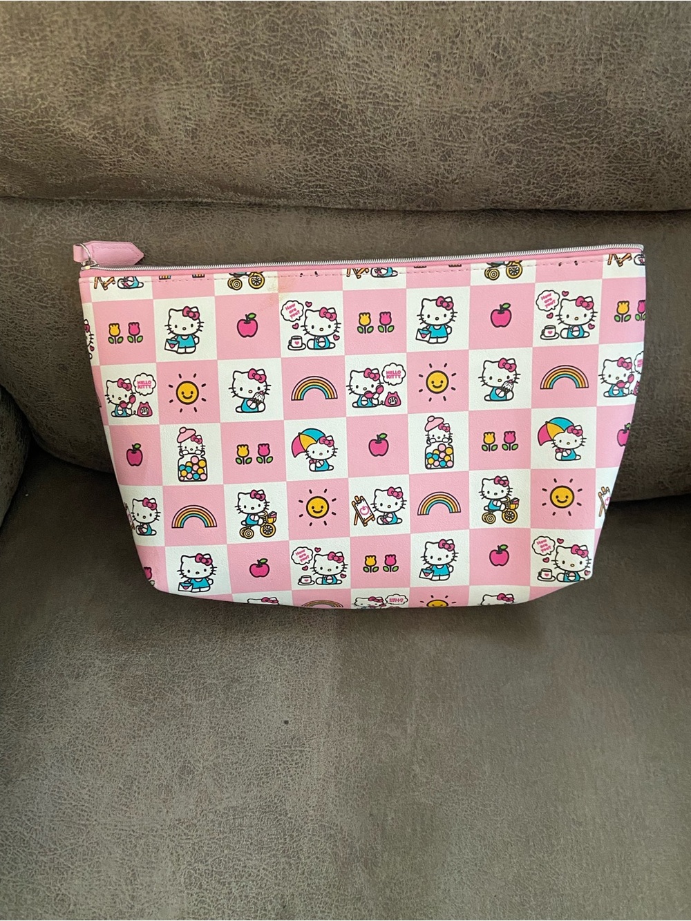 Hello Kitty Pink Cosmetic Bag, Checkerboard Zip Pouch with Colorful Icons